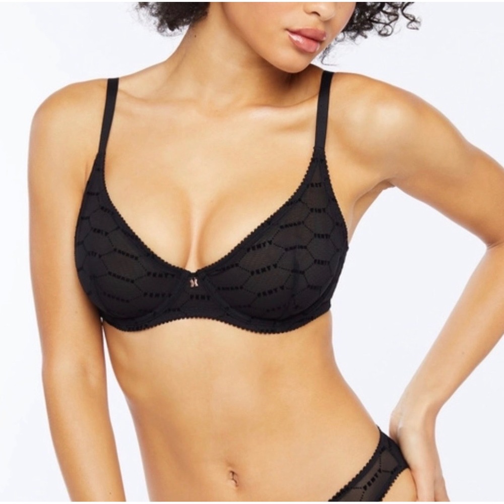 Savage X Fenty Underwire Bra Womens 36C Black Caviar NWT Flocked Logo Mesh